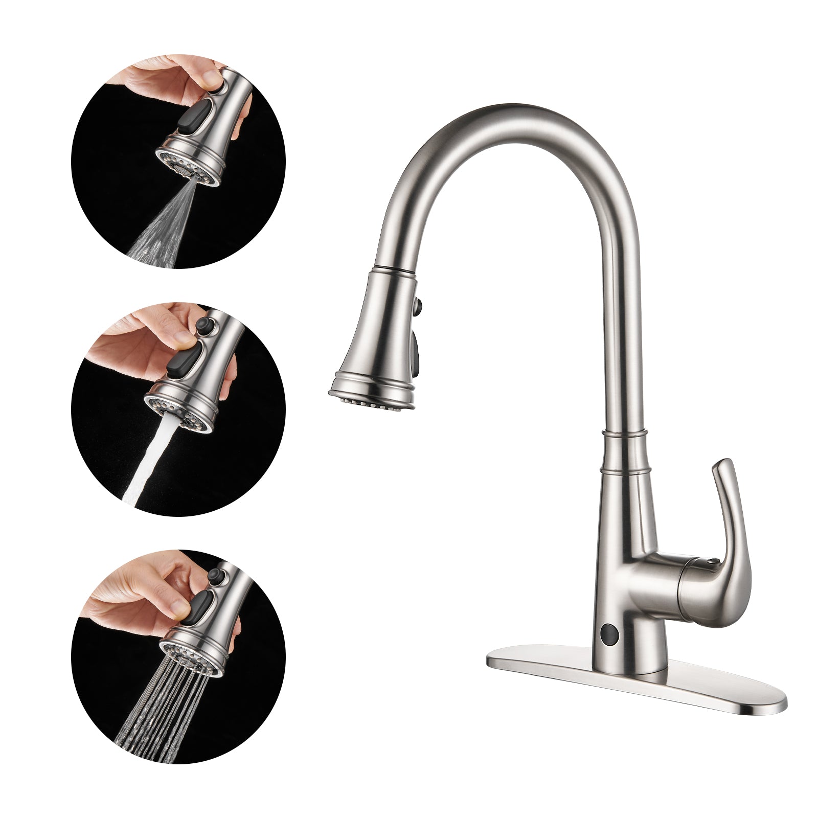 Touchless Single Handle Gooseneck Pull Down Sprayer Kitchen Faucet with Deckplate Pull Out Sink Faucet in Brushed Nickel
