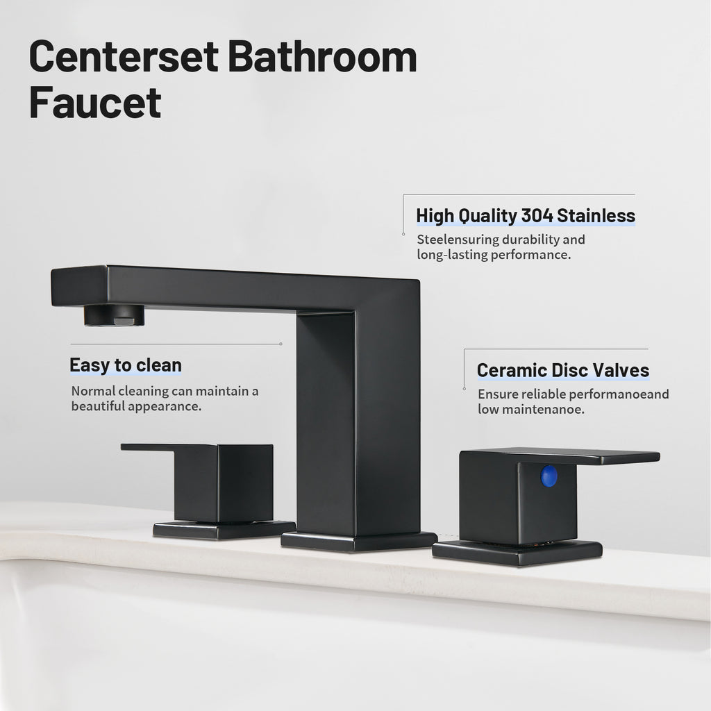 304 stainless steel 8 in. Widespread Double Handle Bathroom Faucet with Drain Kit Included in Matte Black