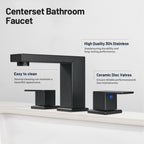 304 stainless steel 8 in. Widespread Double Handle Bathroom Faucet with Drain Kit Included in Matte Black
