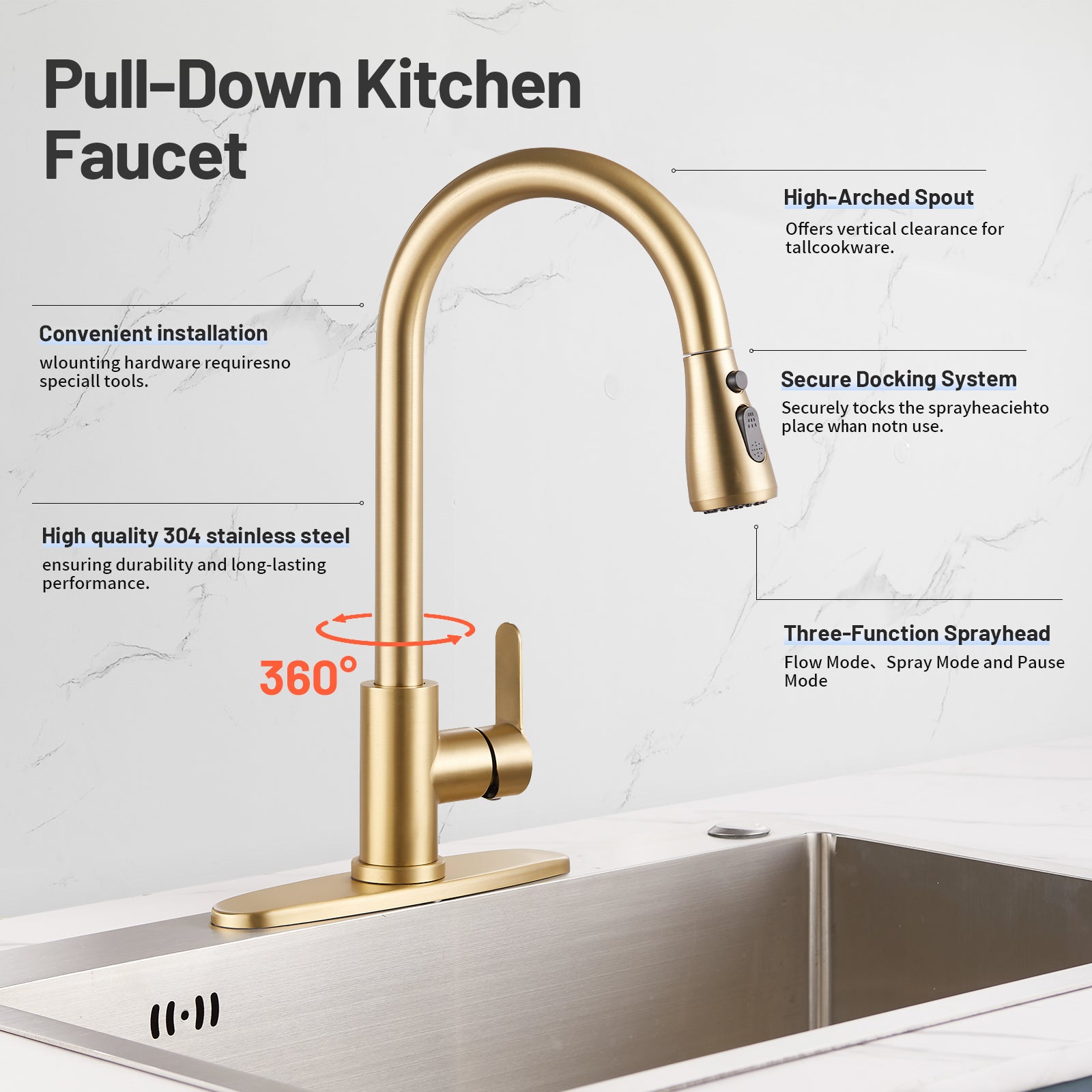 Gooseneck Single-Handle Pull Down Sprayer Kitchen Faucet with Deckplate and Sweep Spray Pull Out Sink Faucet in Gold