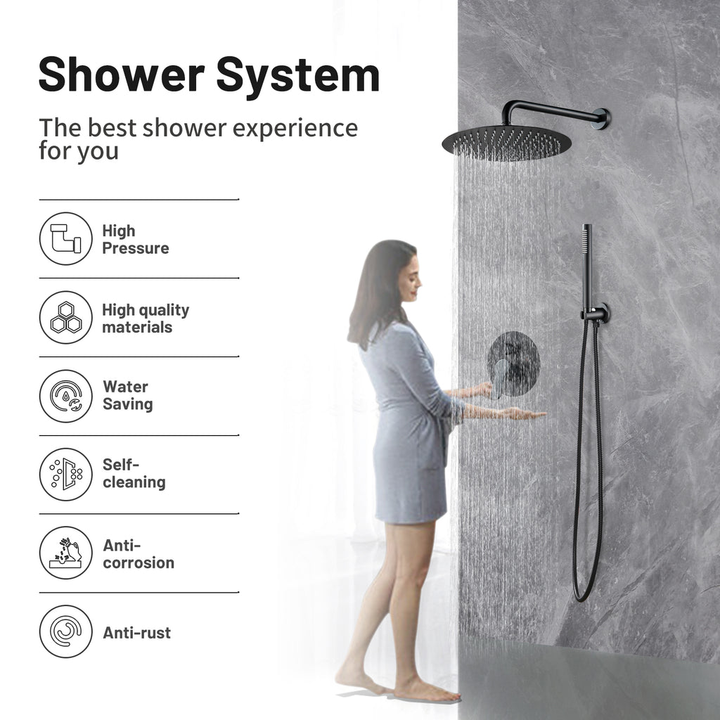 Rain Single Handle 1-Spray with Valve 1.8 GPM 12 " Shower Faucet Pressure Balance Dual Shower Heads in Black
