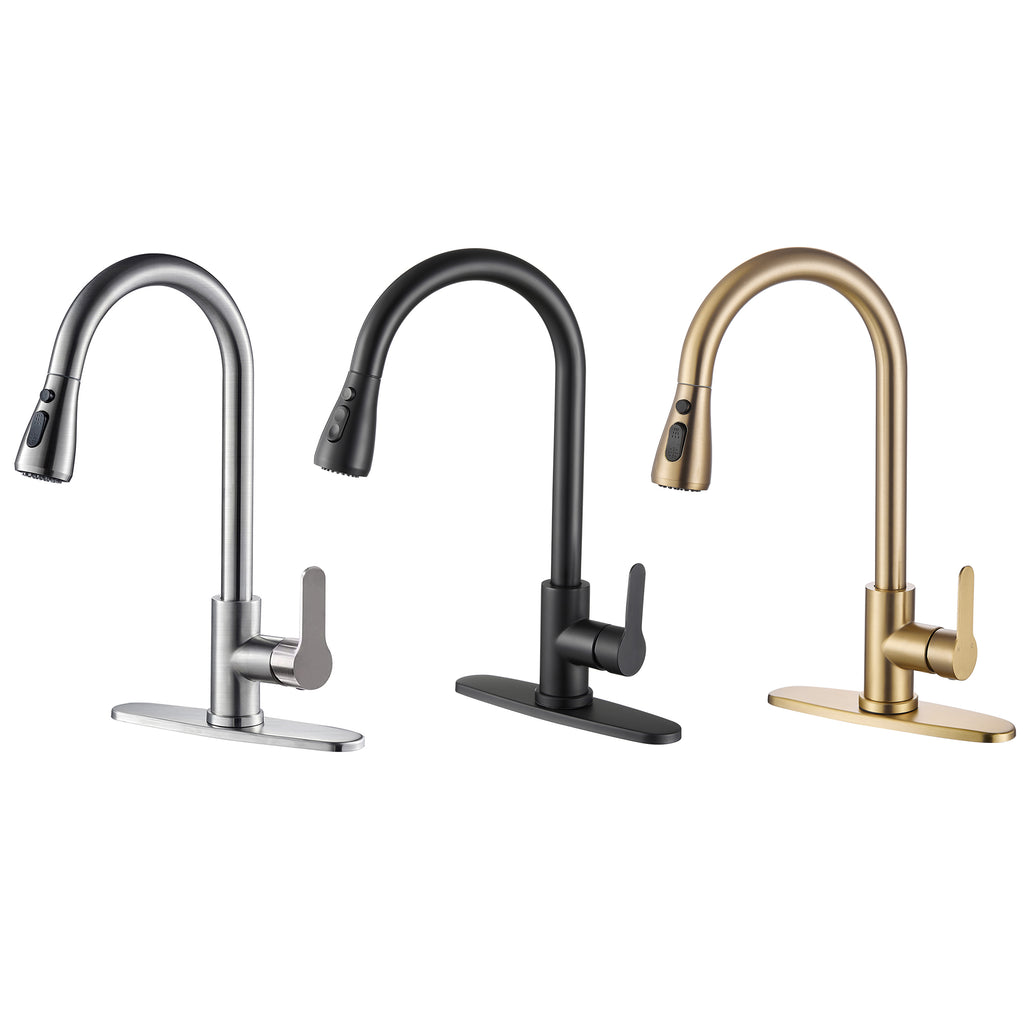 Gooseneck Single-Handle Pull Down Sprayer Kitchen Faucet with Deckplate and Sweep Spray Pull Out Sink Faucet in Gold