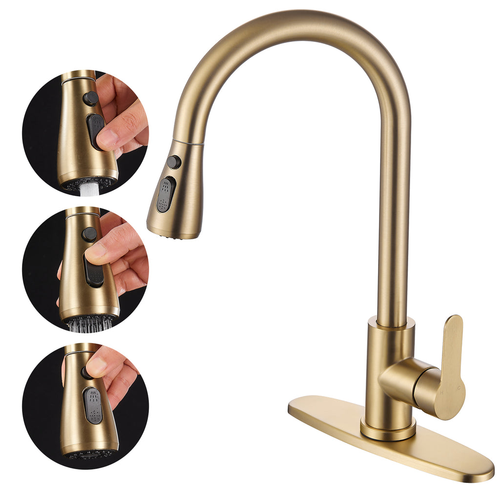 Gooseneck Single-Handle Pull Down Sprayer Kitchen Faucet with Deckplate and Sweep Spray Pull Out Sink Faucet in Gold