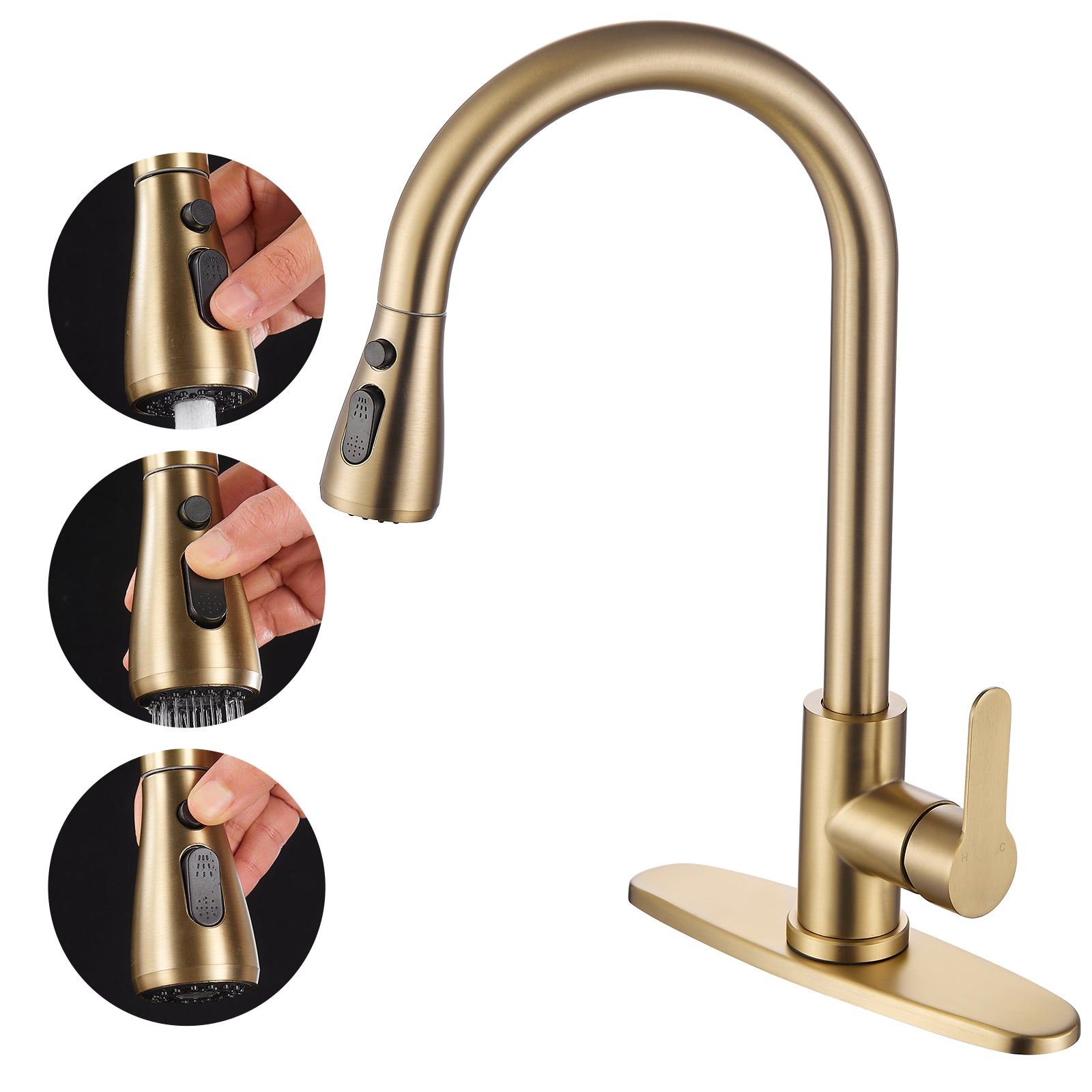 Gooseneck Single-Handle Pull Down Sprayer Kitchen Faucet with Deckplate and Sweep Spray Pull Out Sink Faucet in Gold