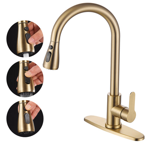 Gooseneck Single-Handle Pull Down Sprayer Kitchen Faucet with Deckplate and Sweep Spray Pull Out Sink Faucet in Gold