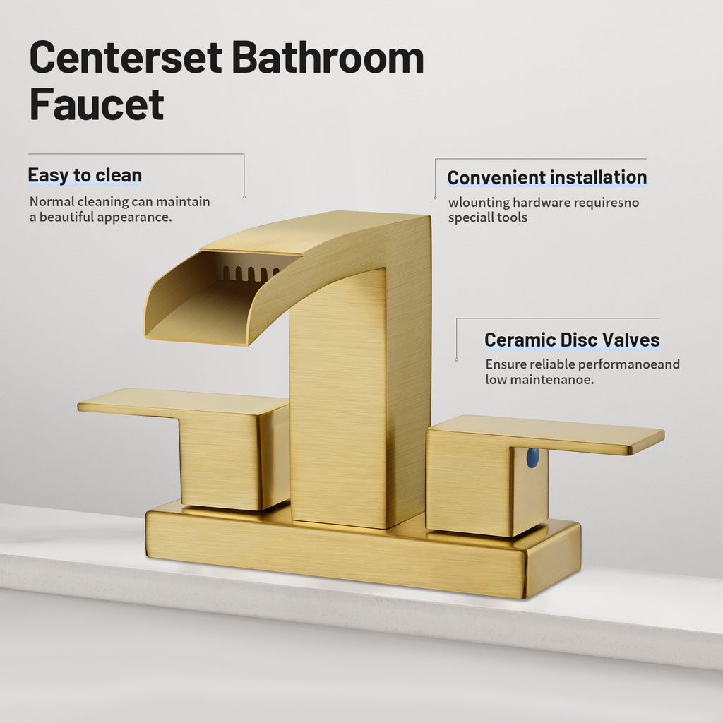 Waterfall Spout 304 stainless steel 4 in. Centerset Double Handle Bathroom Faucet with Drain Kit Included in Gold