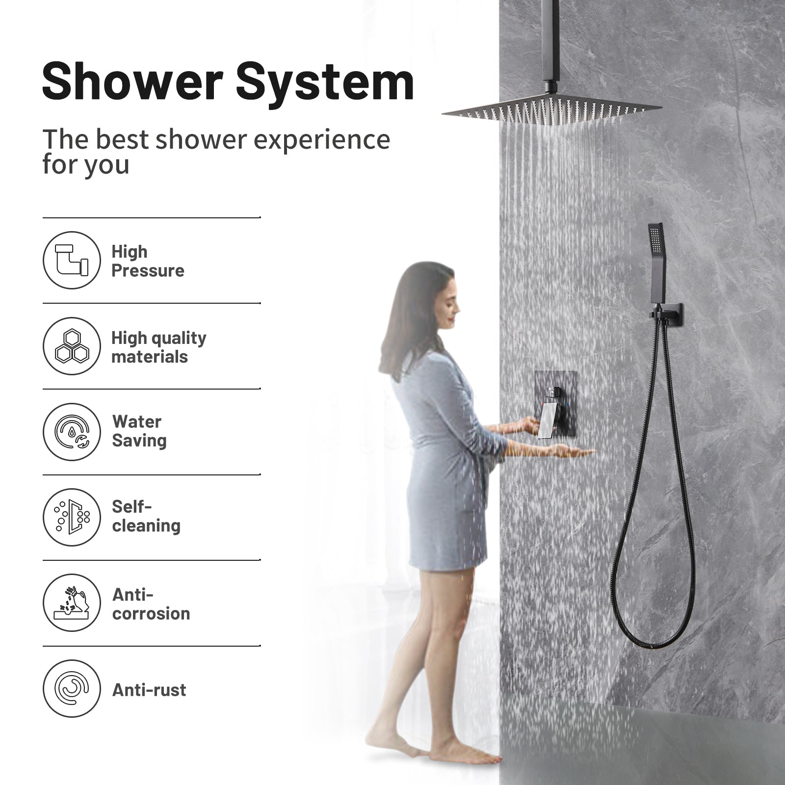 Rain Single Handle 1-Spray with Valve 1.8 GPM 12 " Shower Faucet Pressure Balance Dual Shower Heads in Black