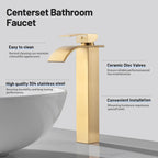 High Arc Waterfall Single Handle Single Hole Bathroom Faucet with Drain Kit Included in Brushed Gold