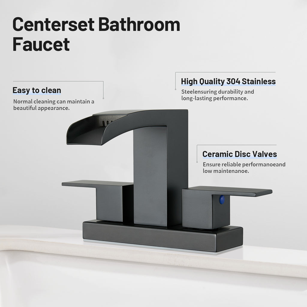 304 stainless steel 4 in. Centerset Double Handle Bathroom Faucet with Drain Kit Included in Matte Black