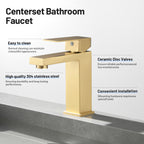 Square Single Handle Single Hole Bathroom Faucet in Brushed Gold