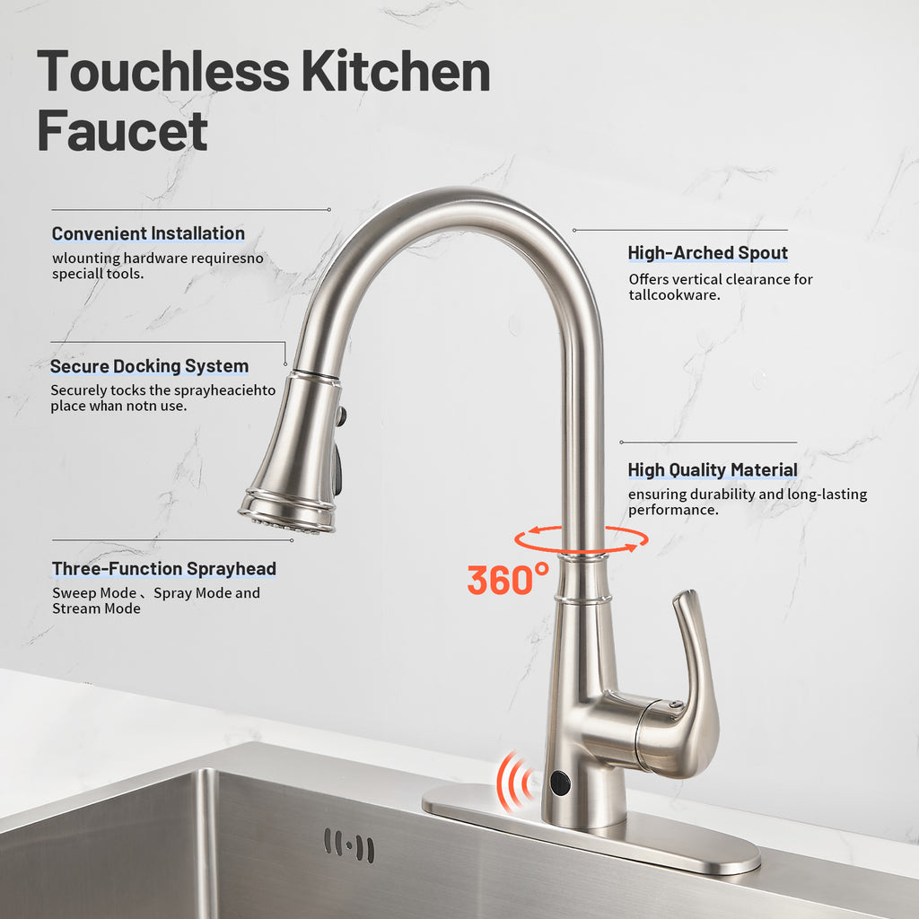 Touchless Single Handle Gooseneck Pull Down Sprayer Kitchen Faucet with Deckplate Pull Out Sink Faucet in Brushed Nickel