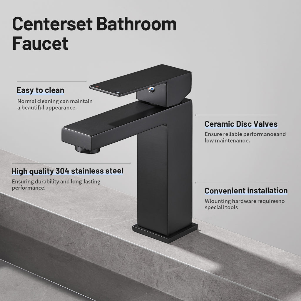 Square Single Handle Single Hole Bathroom Faucet in Matte Black