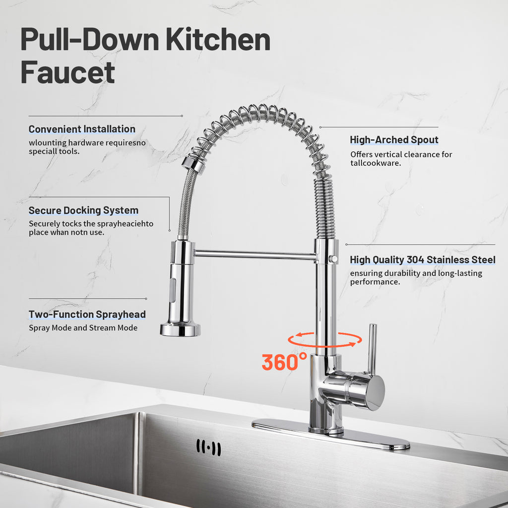 Single-Handle Pull Out Sprayer Coil Spring High-Arc Kitchen Faucet with Deckplate Sink Faucet in Chrome