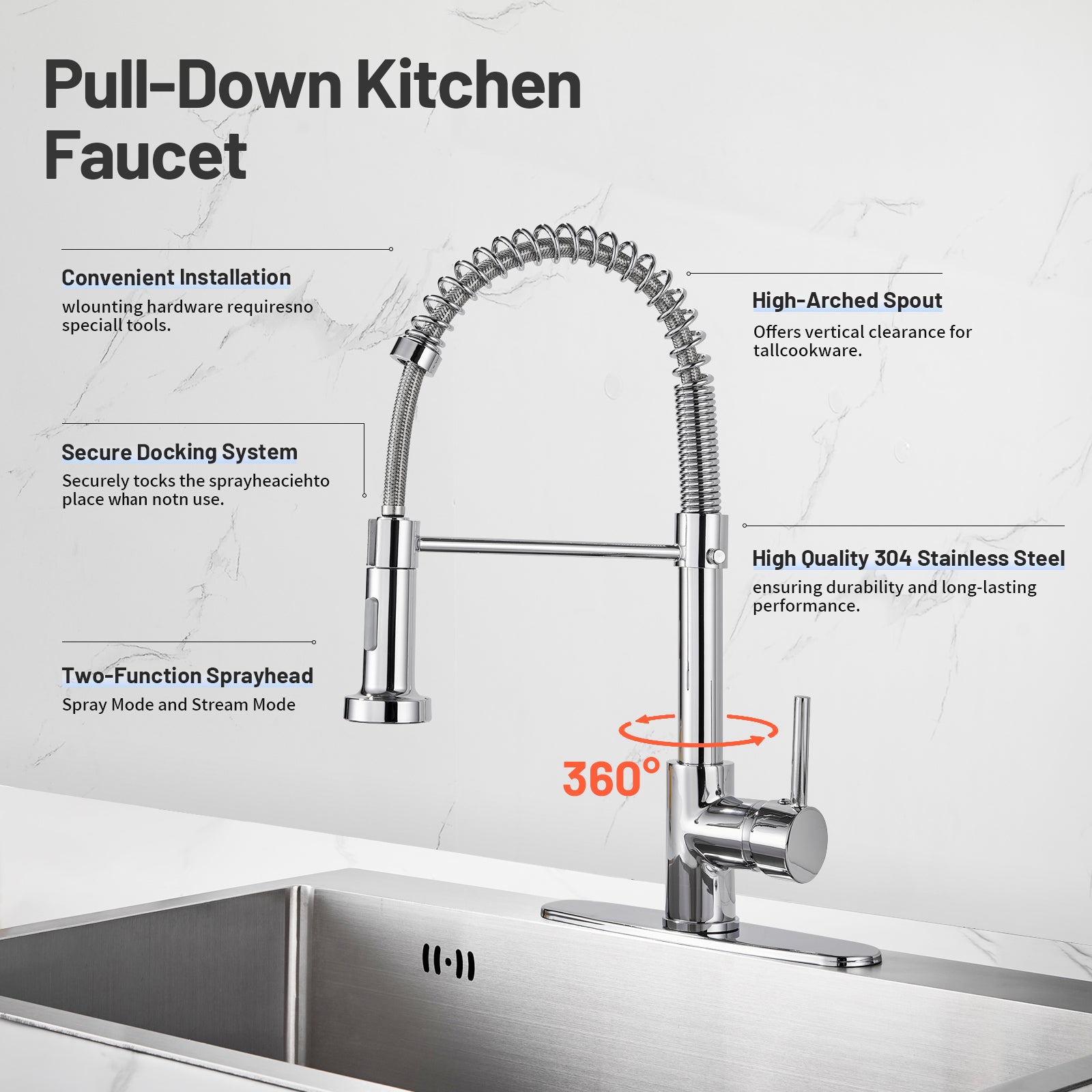 Single-Handle Pull Out Sprayer Coil Spring High-Arc Kitchen Faucet with Deckplate Sink Faucet in Chrome