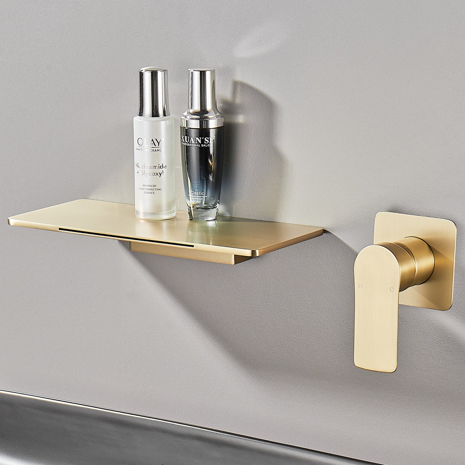 Single-Handle Rectangular Waterfall Wall Mounted Bathroom Faucet in  Gold