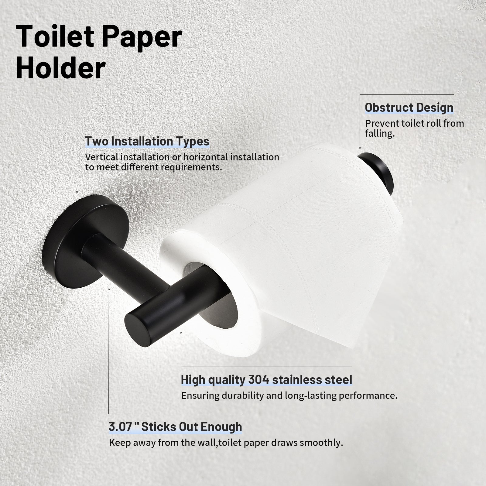 Modern 6-Pieces Stainless Steel Bath Hardware Set with Towel Ring Toilet Paper Holder Towel Hook and Towel Bar in Black