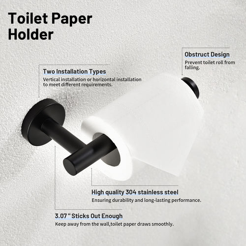 Modern 6-Pieces Stainless Steel Bath Hardware Set with Towel Ring Toilet Paper Holder Towel Hook and Towel Bar in Black