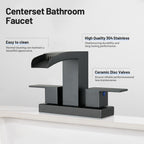 Waterfall Spout 304 stainless steel 4 in. Centerset Double Handle Bathroom Faucet with Drain Kit Included in Matte Black