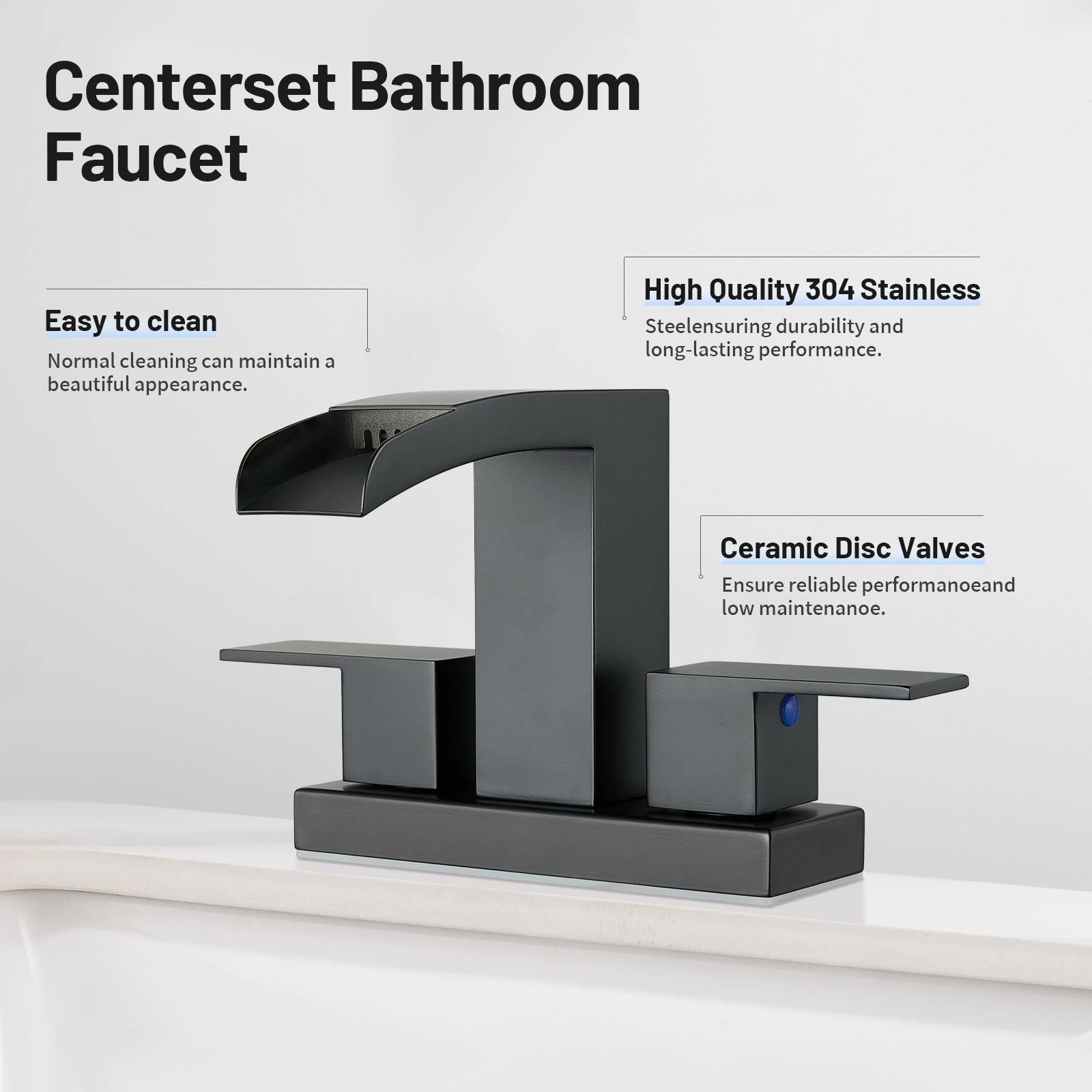 Waterfall Spout 304 stainless steel 4 in. Centerset Double Handle Bathroom Faucet with Drain Kit Included in Matte Black