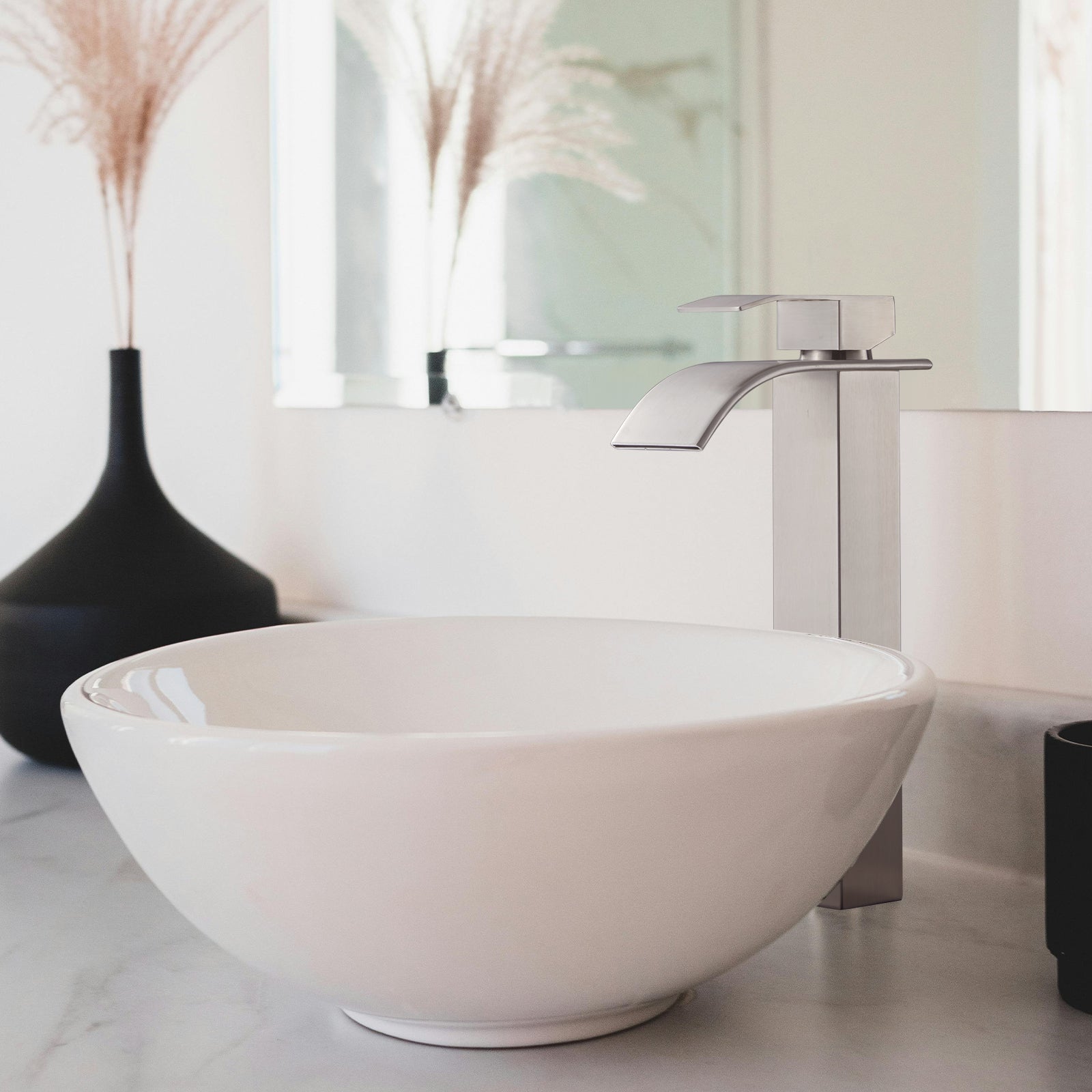 High Arc Waterfall Single Handle Single Hole Bathroom Faucet with Drain Kit Included in Brushed Nickel