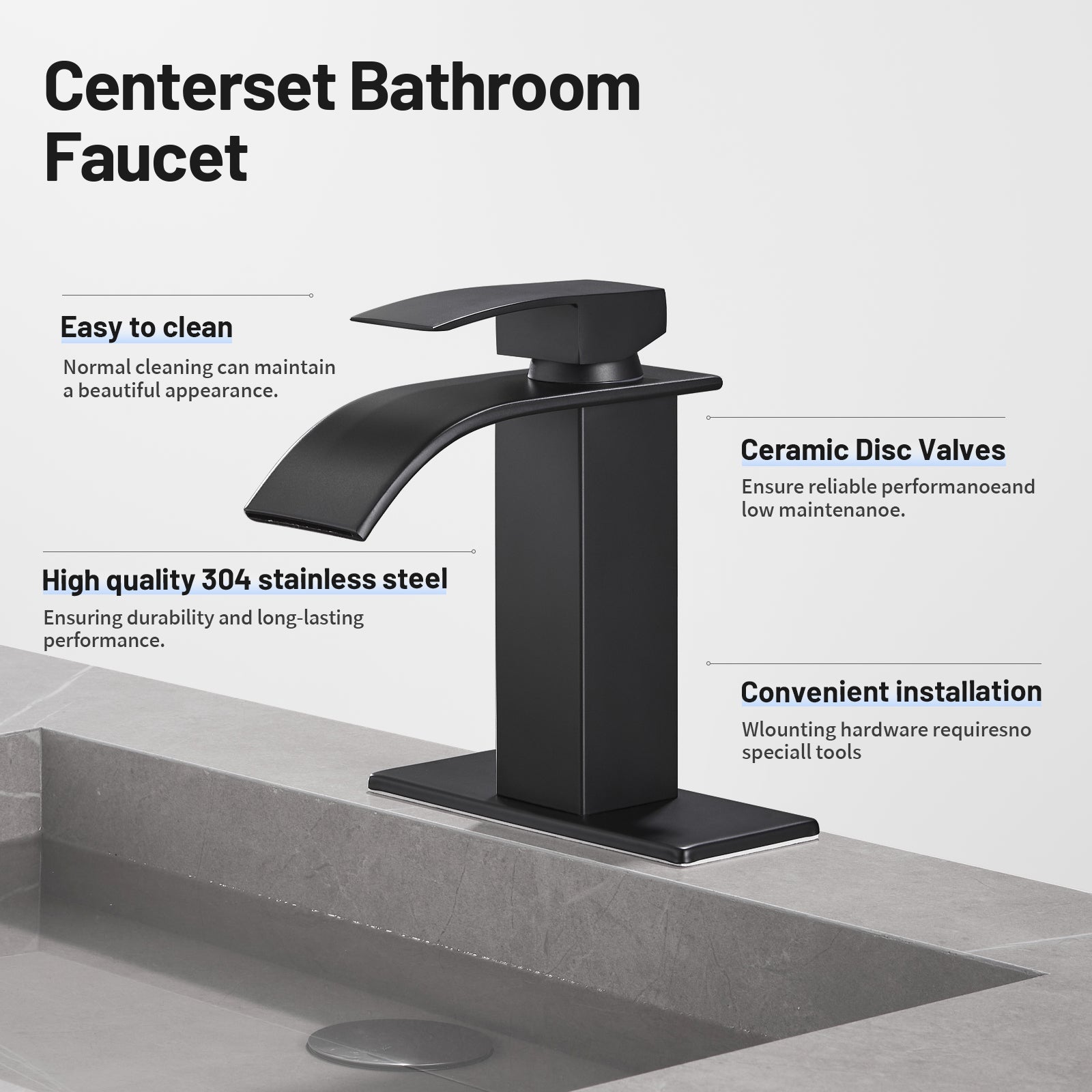 Arc Waterfall Single Handle Single Hole Bathroom Faucet with Drain Kit Included in Black
