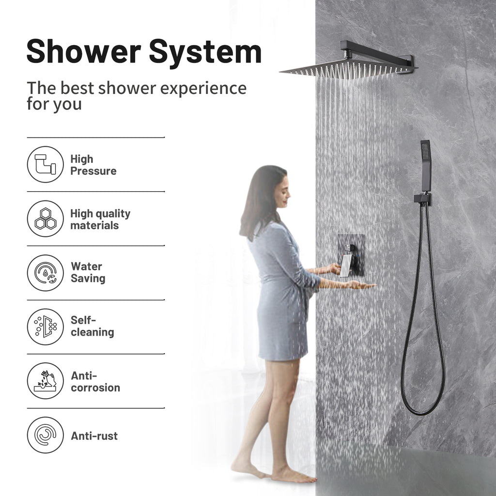 12 " Rain Single Handle 1-Spray Shower Faucet Kit Handheld Combo with Valve 1.8 GPM Adjustable Dual Shower Head in Black