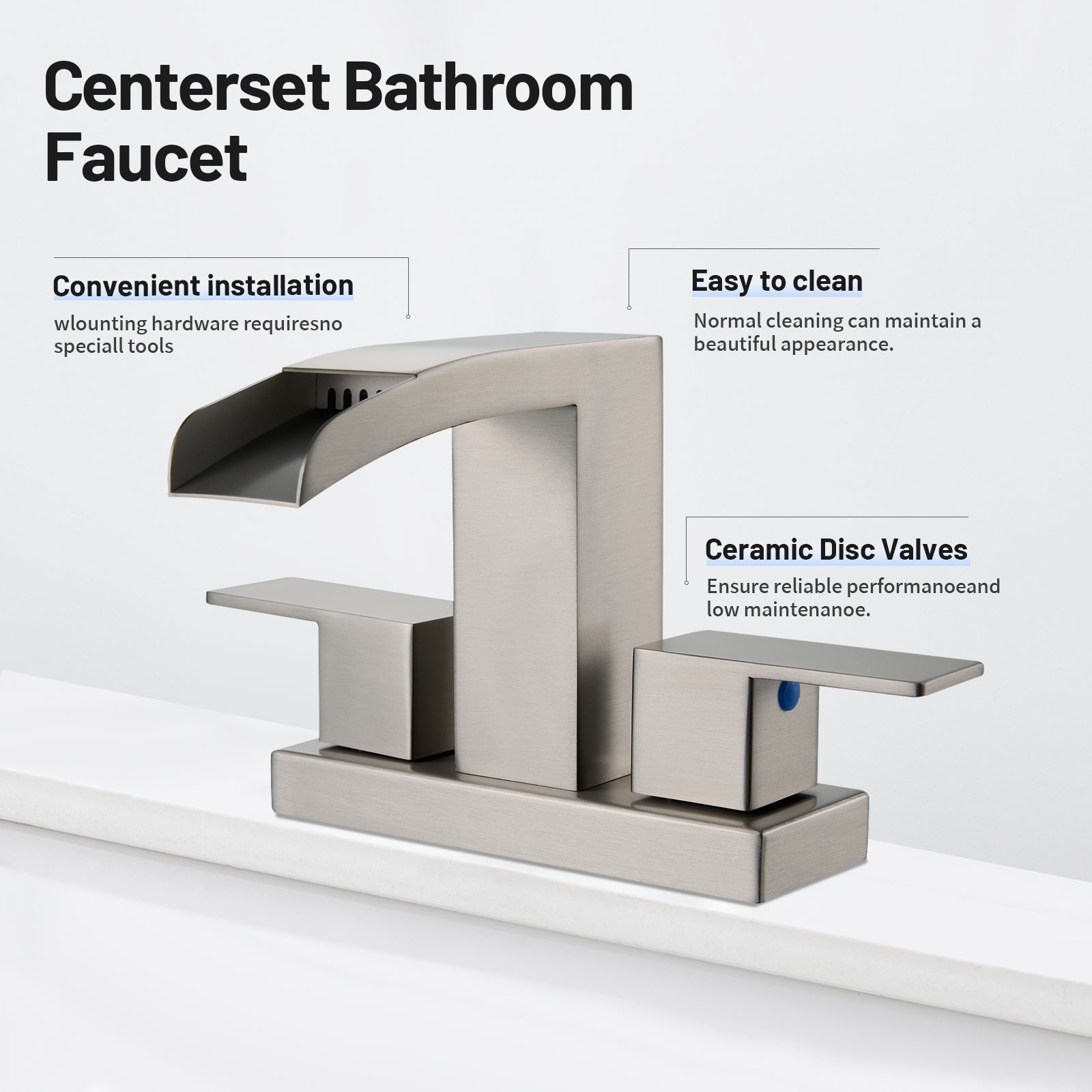 Waterfall 304 stainless steel 4 in. Centerset Double Handle Bathroom Faucet with Drain Kit Included in Brushed Nickel