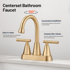 Rotatable 4 in. Centerset Double Handle Bathroom Faucet with Drain Kit Included in Gold
