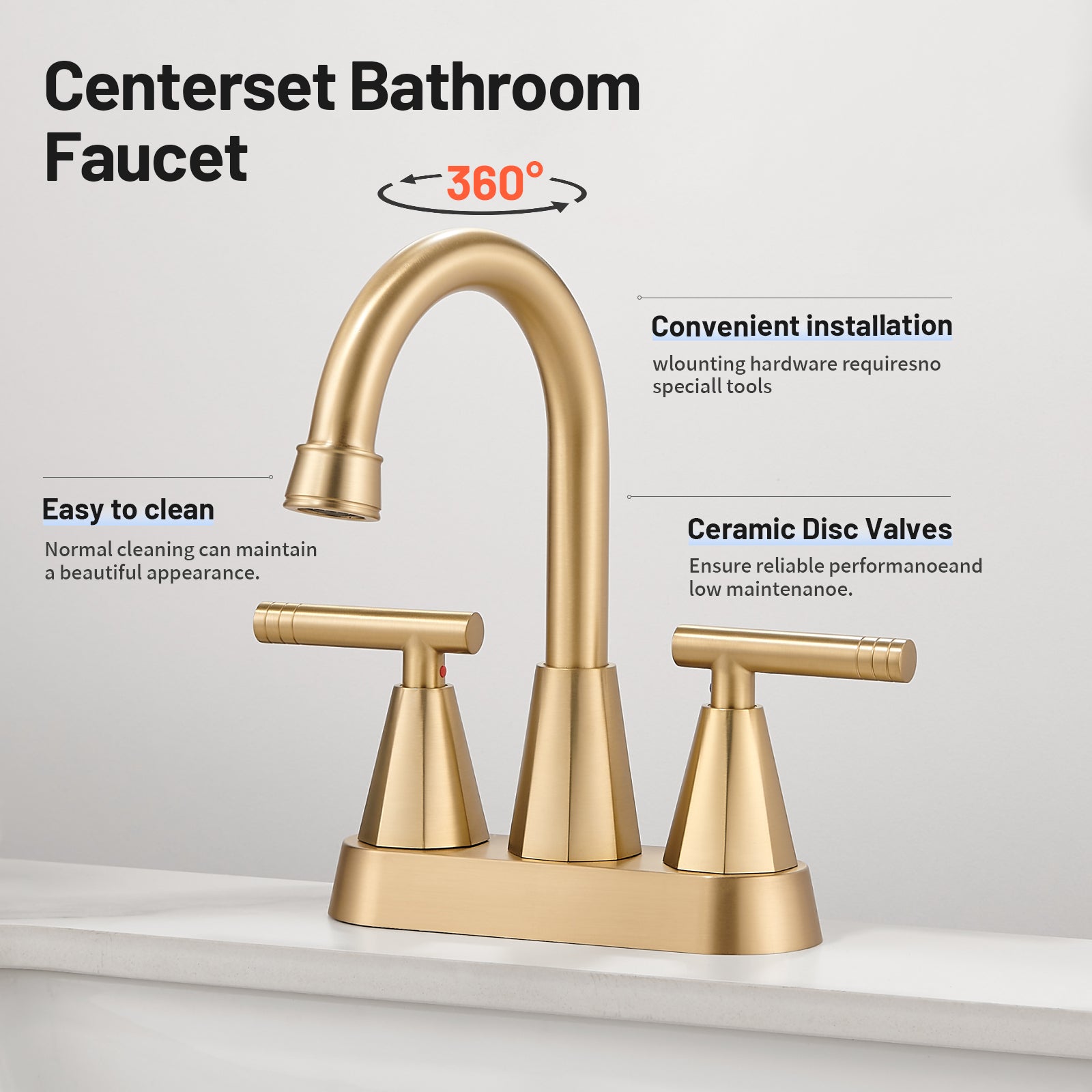 Rotatable 4 in. Centerset Double Handle Bathroom Faucet with Drain Kit Included in Gold