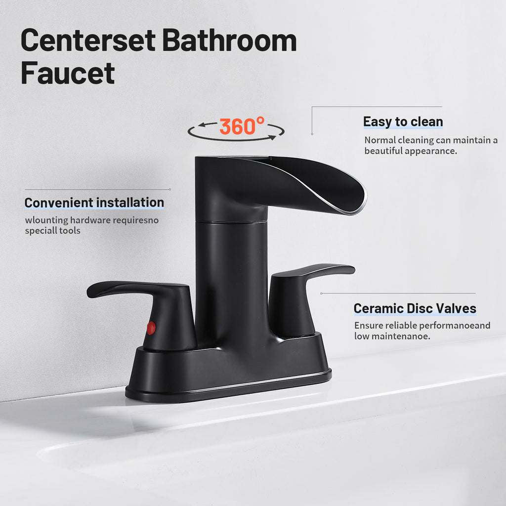 Rotatable 4 in. Centerset Double Bathroom Faucet with Drain kit Included Waterfall Lavatory in Matte Black