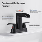 Rotatable 4 in. Centerset Double Bathroom Faucet with Drain kit Included Waterfall Lavatory in Matte Black