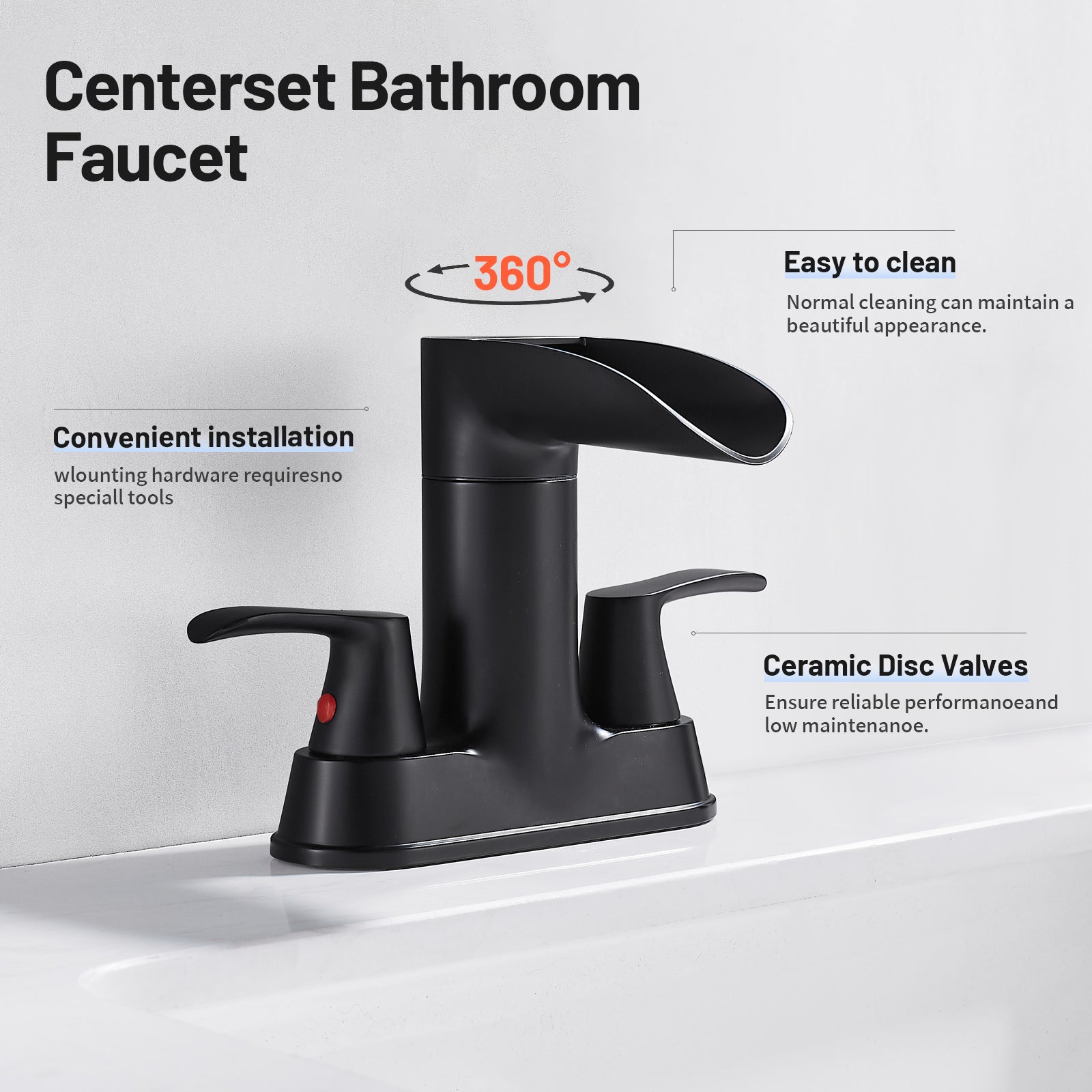 Rotatable 4 in. Centerset Double Bathroom Faucet with Drain kit Included Waterfall Lavatory in Matte Black