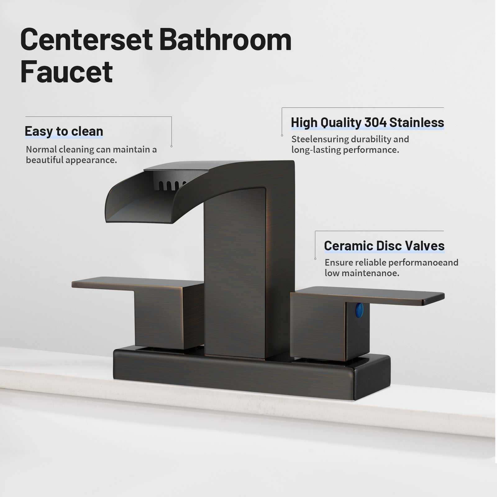 Waterfall 304 stainless steel 4 in. Centerset Double Handle Bathroom Faucet with Drain Kit Included in Oil Rubbed Bronze