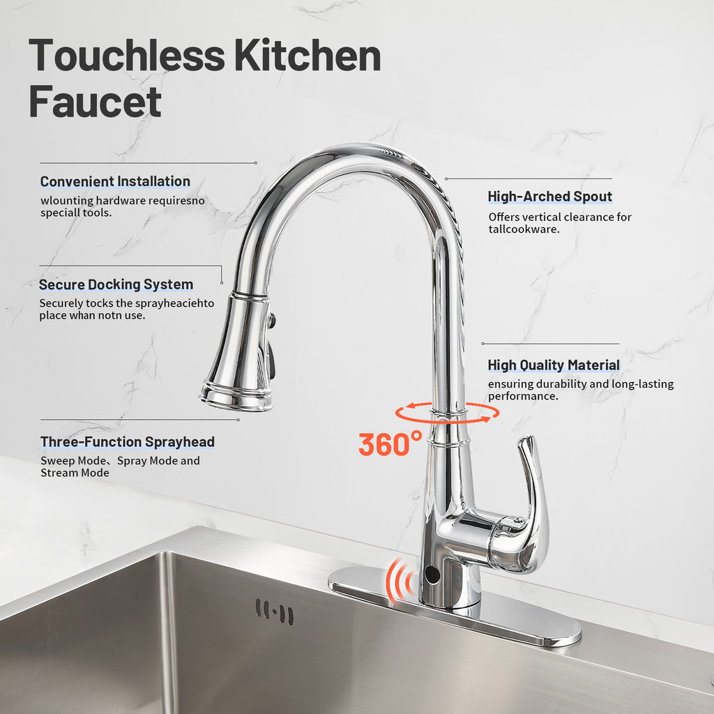 Touchless Single Handle Gooseneck Pull Down Sprayer Kitchen Faucet with Deckplate Pull Out Sink Faucet in Chrome