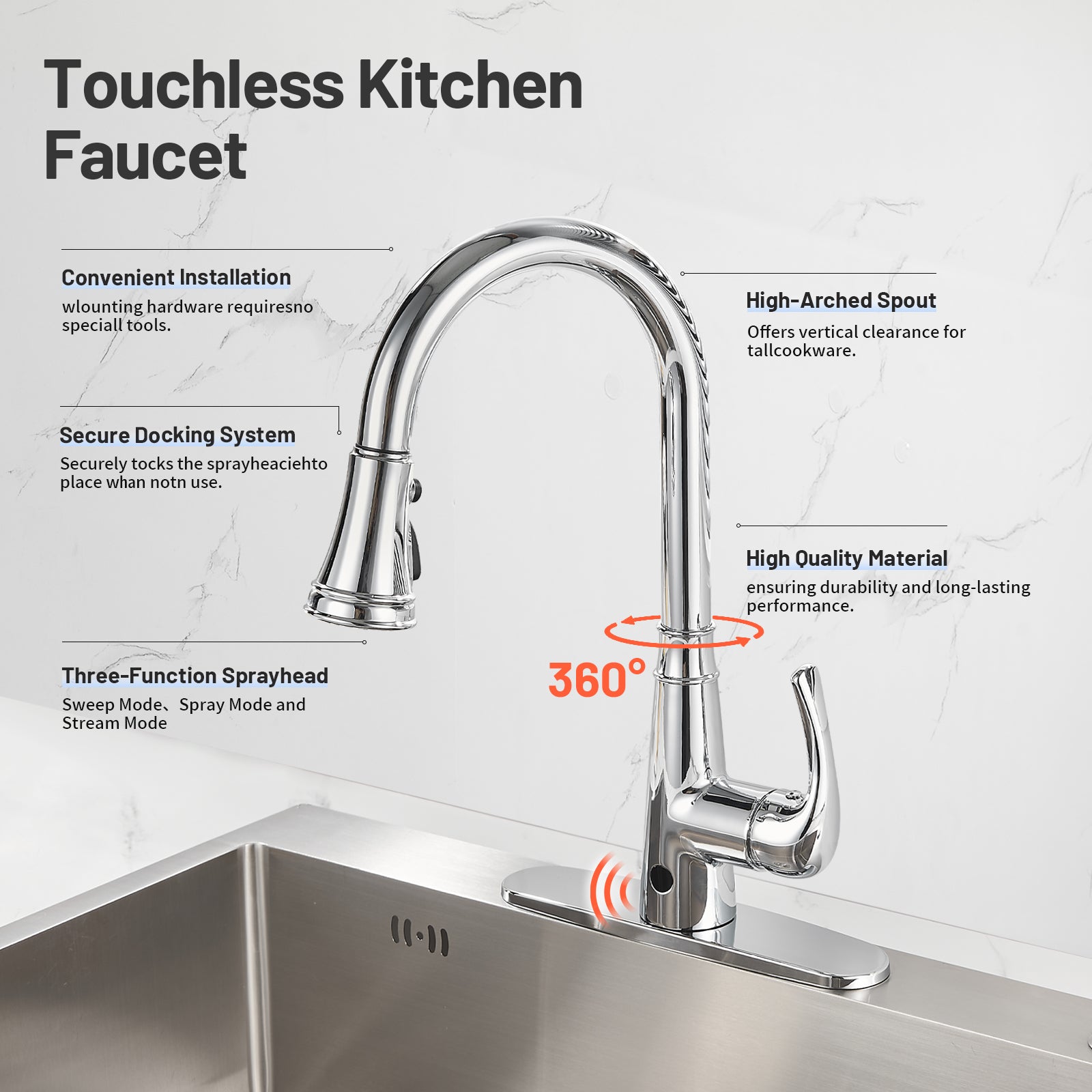 Touchless Single Handle Gooseneck Pull Down Sprayer Kitchen Faucet with Deckplate Pull Out Sink Faucet in Chrome