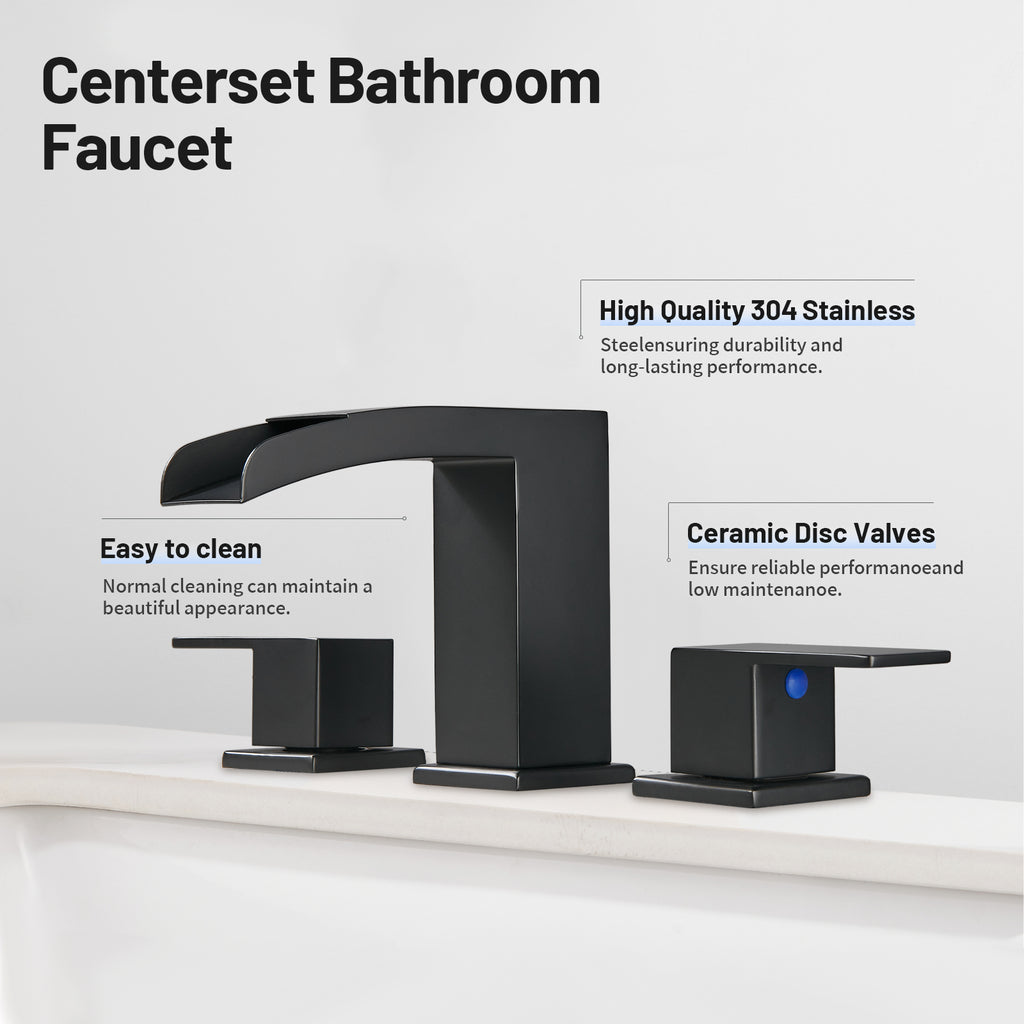 Waterfall 304 stainless steel 8 in. Widespread Double Handle Bathroom Faucet with Drain Kit Included in Matte Black