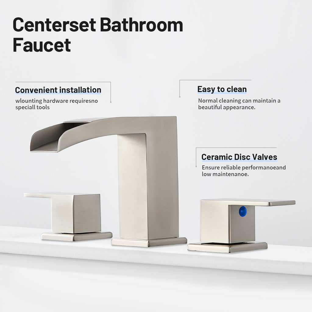 Waterfall 304 stainless steel 8 in. Widespread Double Handle Bathroom Faucet with Drain Kit Included in Brushed Nickel
