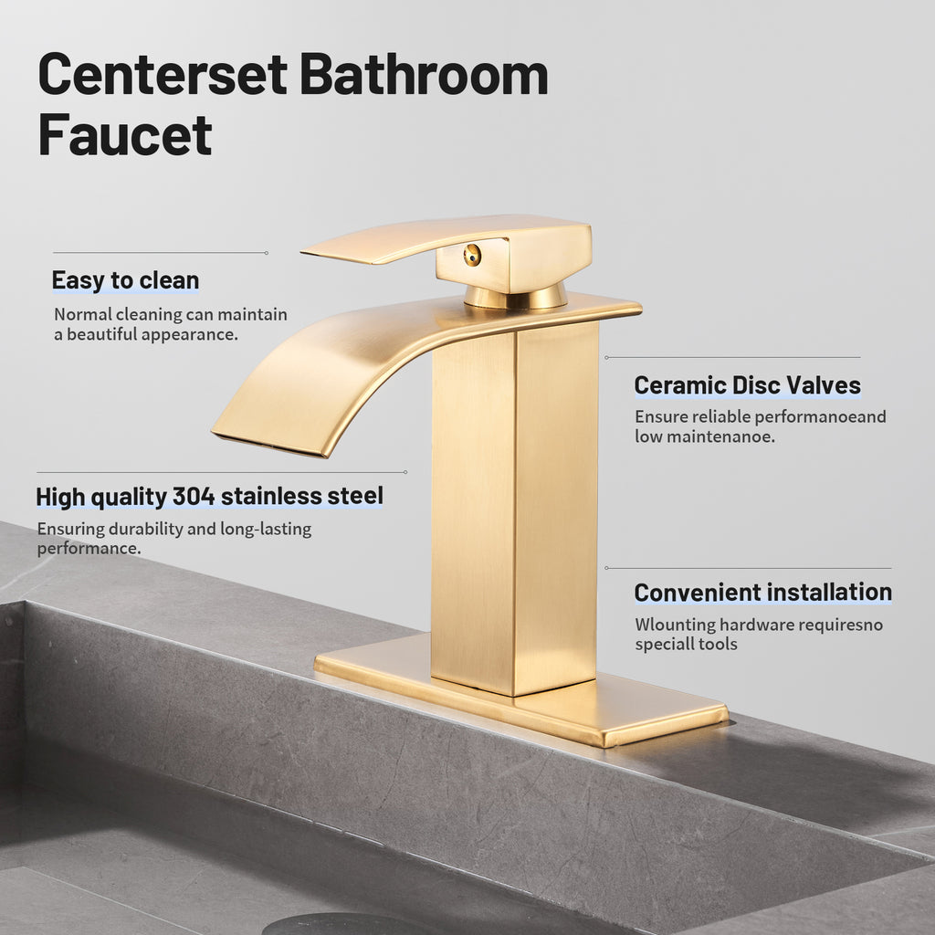 Arc Waterfall Single Handle Single Hole Bathroom Faucet with Drain Kit Included in Brushed Gold