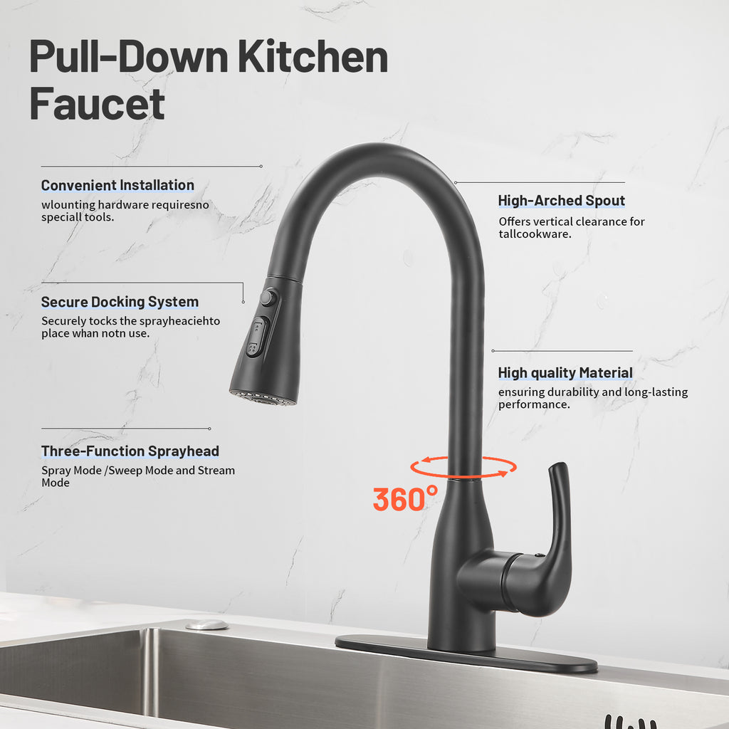Gooseneck Single-Handle Pull Down Sprayer Kitchen Faucet with Deckplate and Sweep Spray Pull Out Sink Faucet in Black
