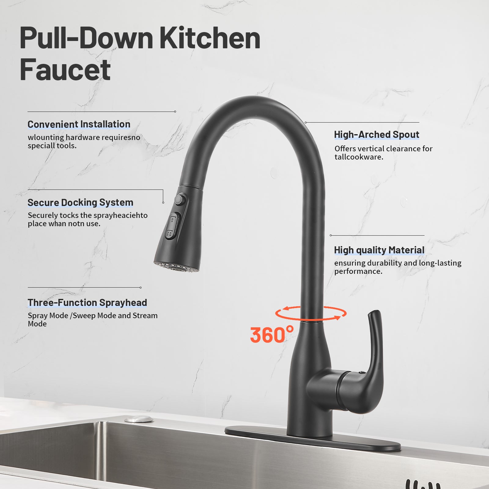 Gooseneck Single-Handle Pull Down Sprayer Kitchen Faucet with Deckplate and Sweep Spray Pull Out Sink Faucet in Black