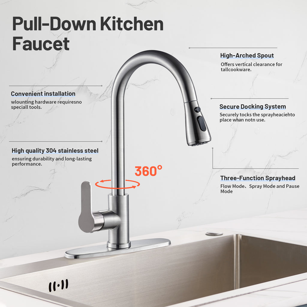 Gooseneck Single-Handle Pull Down Sprayer Kitchen Faucet with Deckplate Pull Out Sink Faucet in Brushed Nickel