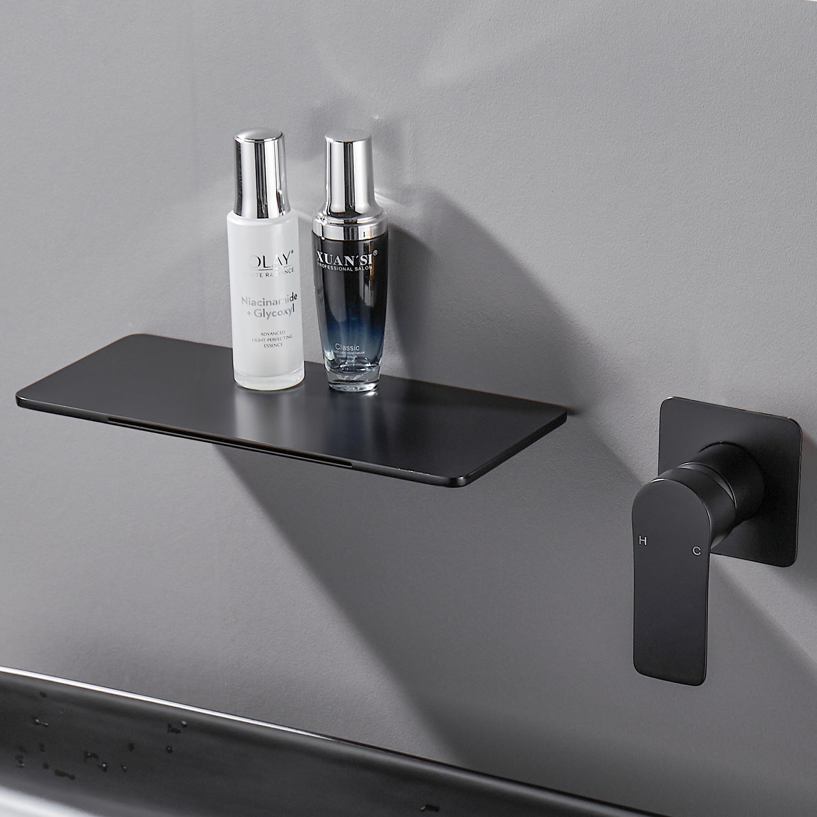 Single-Handle Rectangular Waterfall Wall Mounted Bathroom Faucet in Matte Black