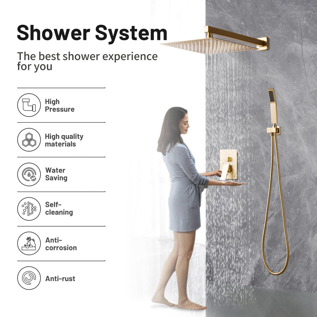 12 " Rain Single Handle 1-Spray Shower Faucet Kit Handheld Combo with Valve 1.8 GPM Adjustable Dual Shower Heads in Gold