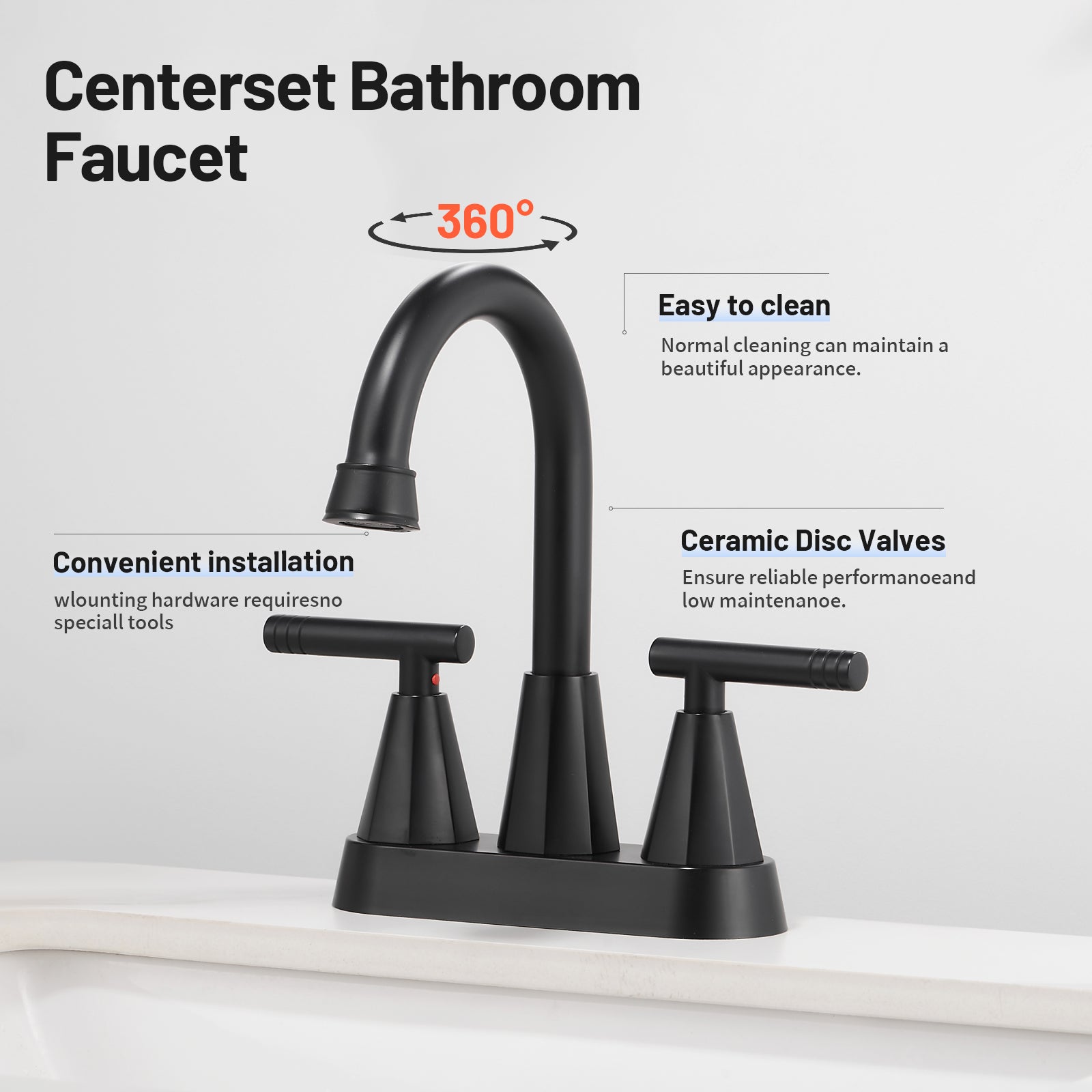 Rotatable 4 in. Centerset Double Handle Bathroom Faucet with Drain Kit Included in Black