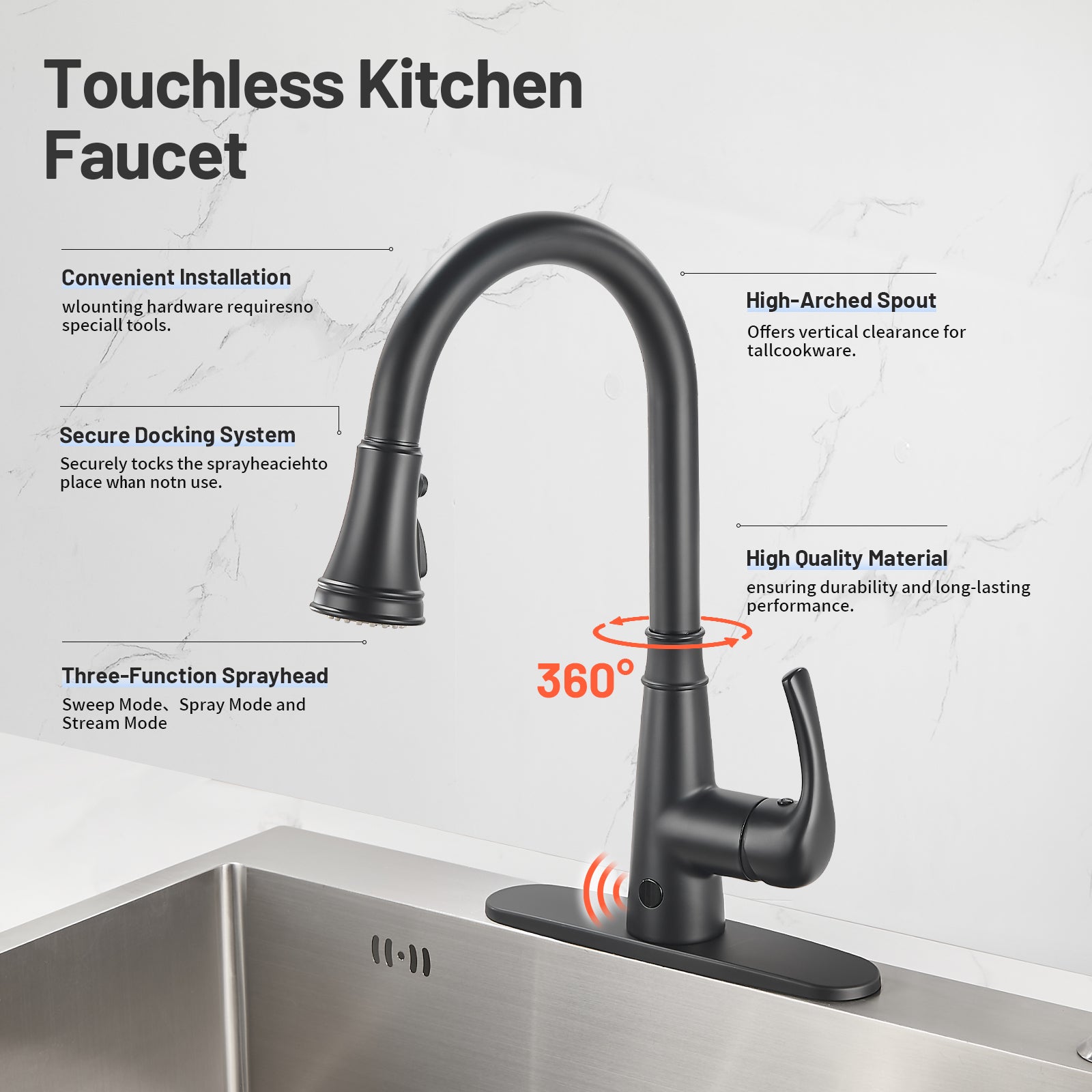 Touchless Single Handle Gooseneck Pull Down Sprayer Kitchen Faucet with Deckplate Pull Out Sink Faucet in Black