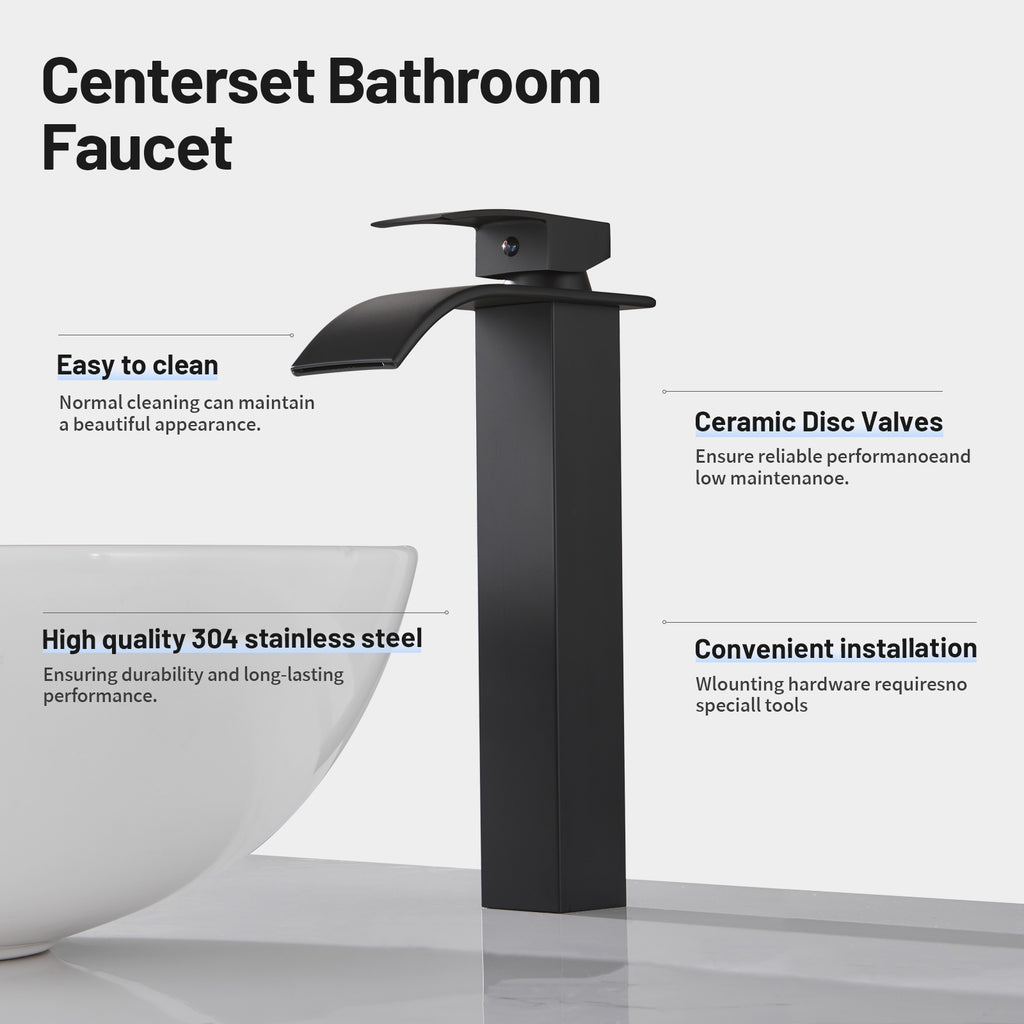High Arc Waterfall Single Handle Single Hole Bathroom Faucet with Drain Kit Included in Black