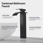 High Arc Waterfall Single Handle Single Hole Bathroom Faucet with Drain Kit Included in Black