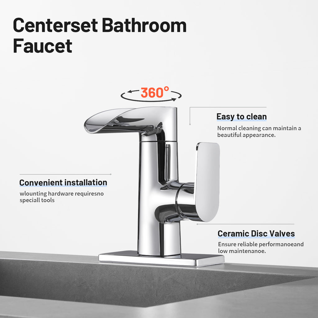 Waterfall Single Handle Single Hole Low Arc Bathroom Faucet With Metal Pop Up Drain Assembly Sink Faucet in Chrome