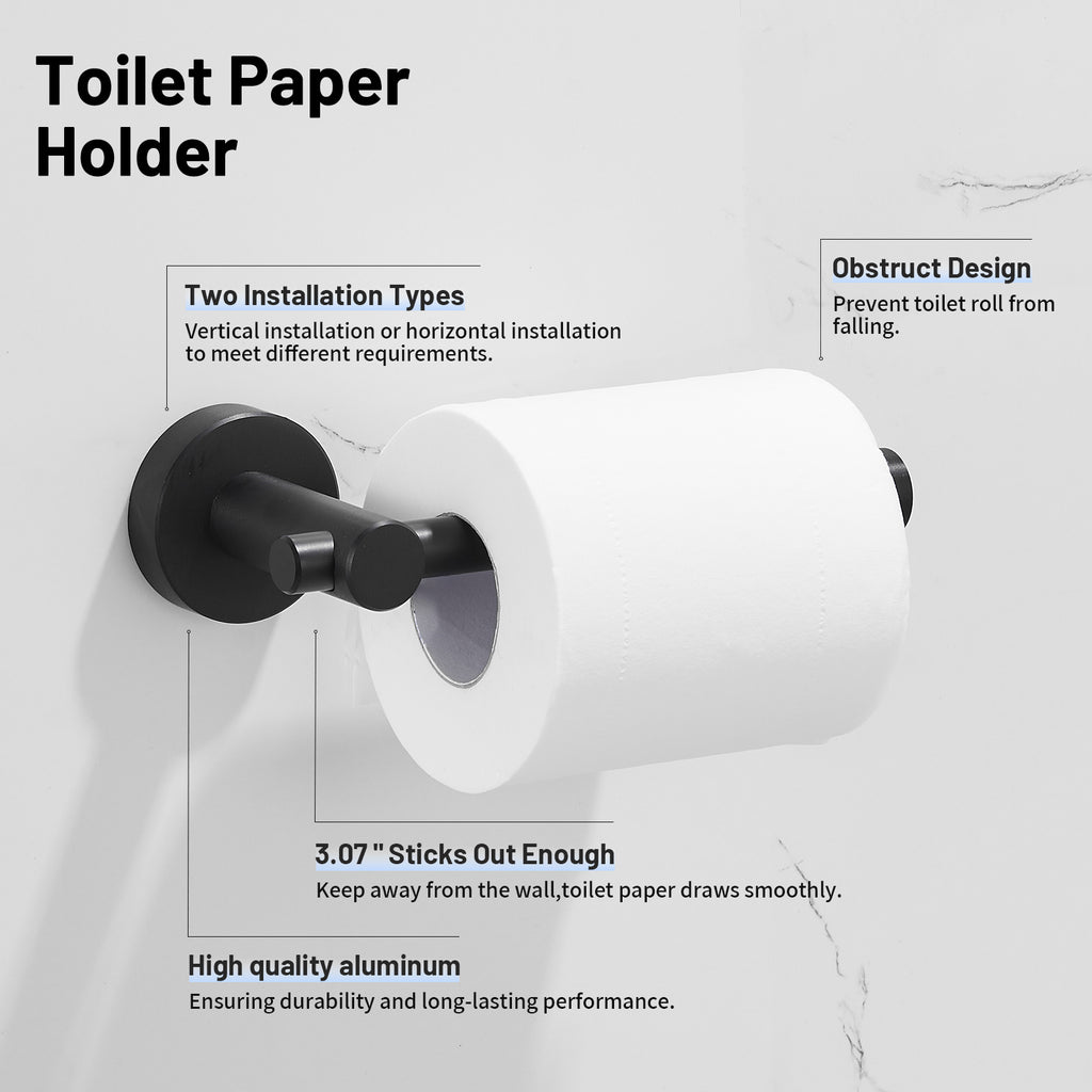 Modern 3-Piece Aluminum Bath Hardware Set with Retractable Towel Bar Towel Ring Toilet Paper Holder in Black