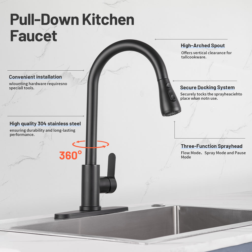 Gooseneck Single-Handle Pull Down Sprayer Kitchen Faucet with Deckplate and Sweep Spray Pull Out Sink Faucet in Black